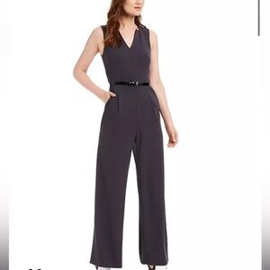 Calvin Klein belted V-neck jumpsuit in gray